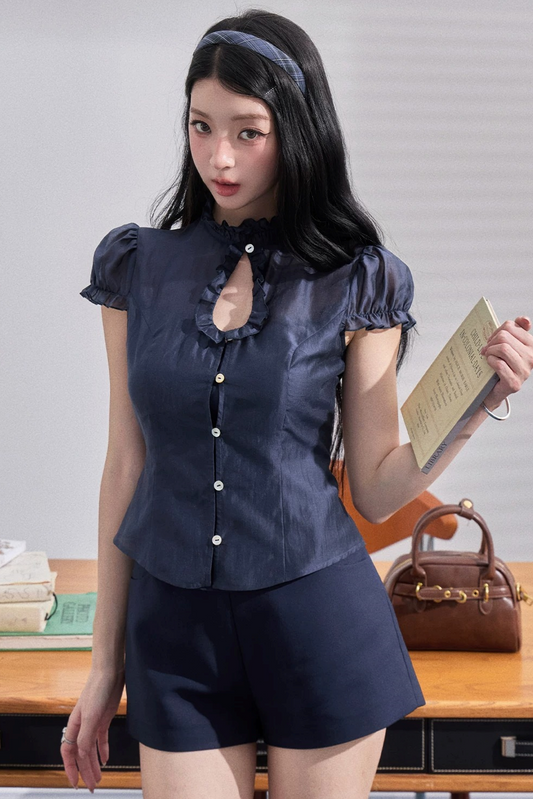 Waist-Cinching Lace Puff-Sleeve Blouse