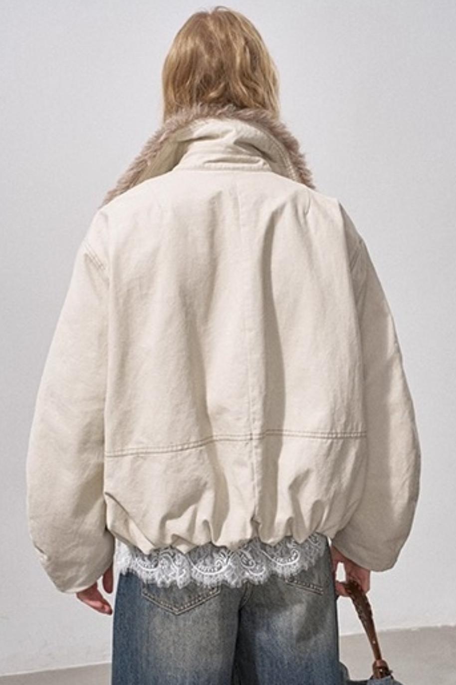 Curved Sleeve Fur Collar Jacket