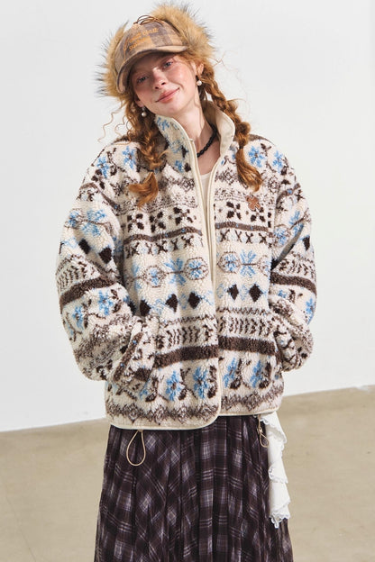 Fleece Jacquard Stand-Up Collar Coat