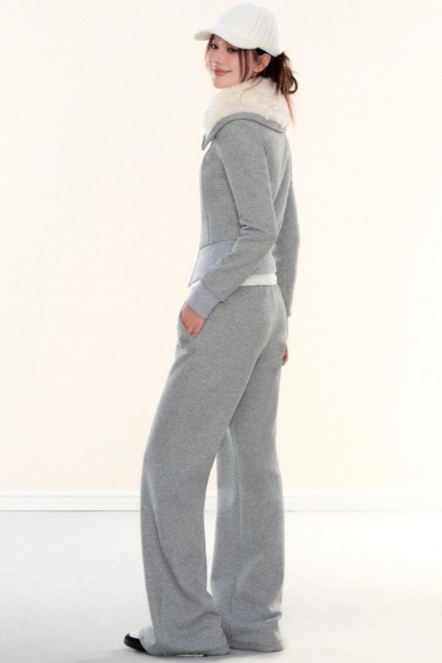 Lapel Fleece Slim Sweatshirt Jacket Set-Up