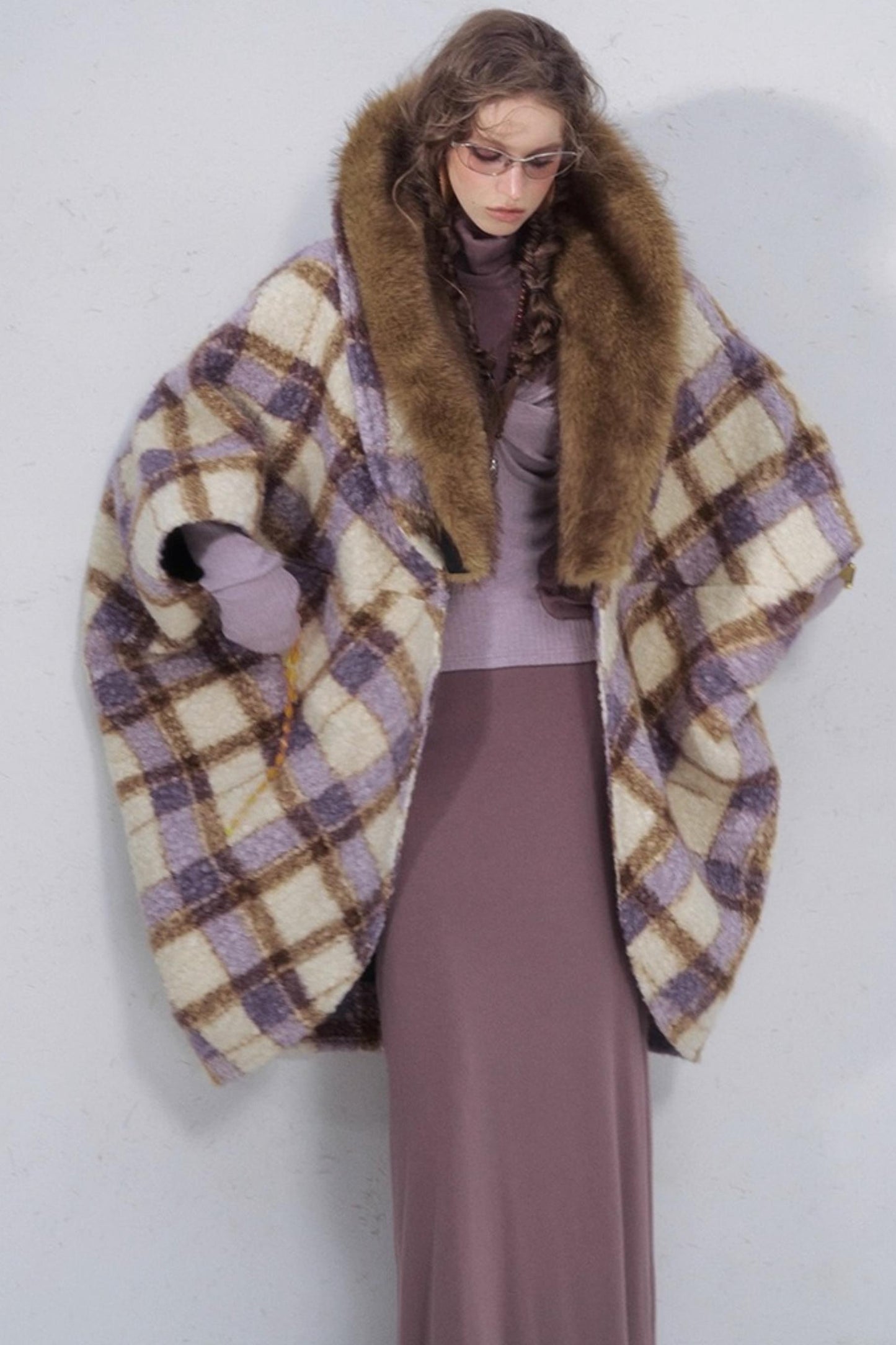 Plaid Fur Collar Woolen Coat