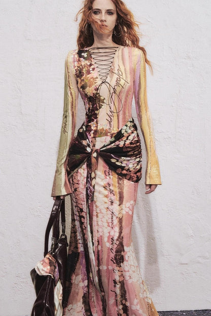 Lotus Print Fake Two-Piece Mermaid Dress