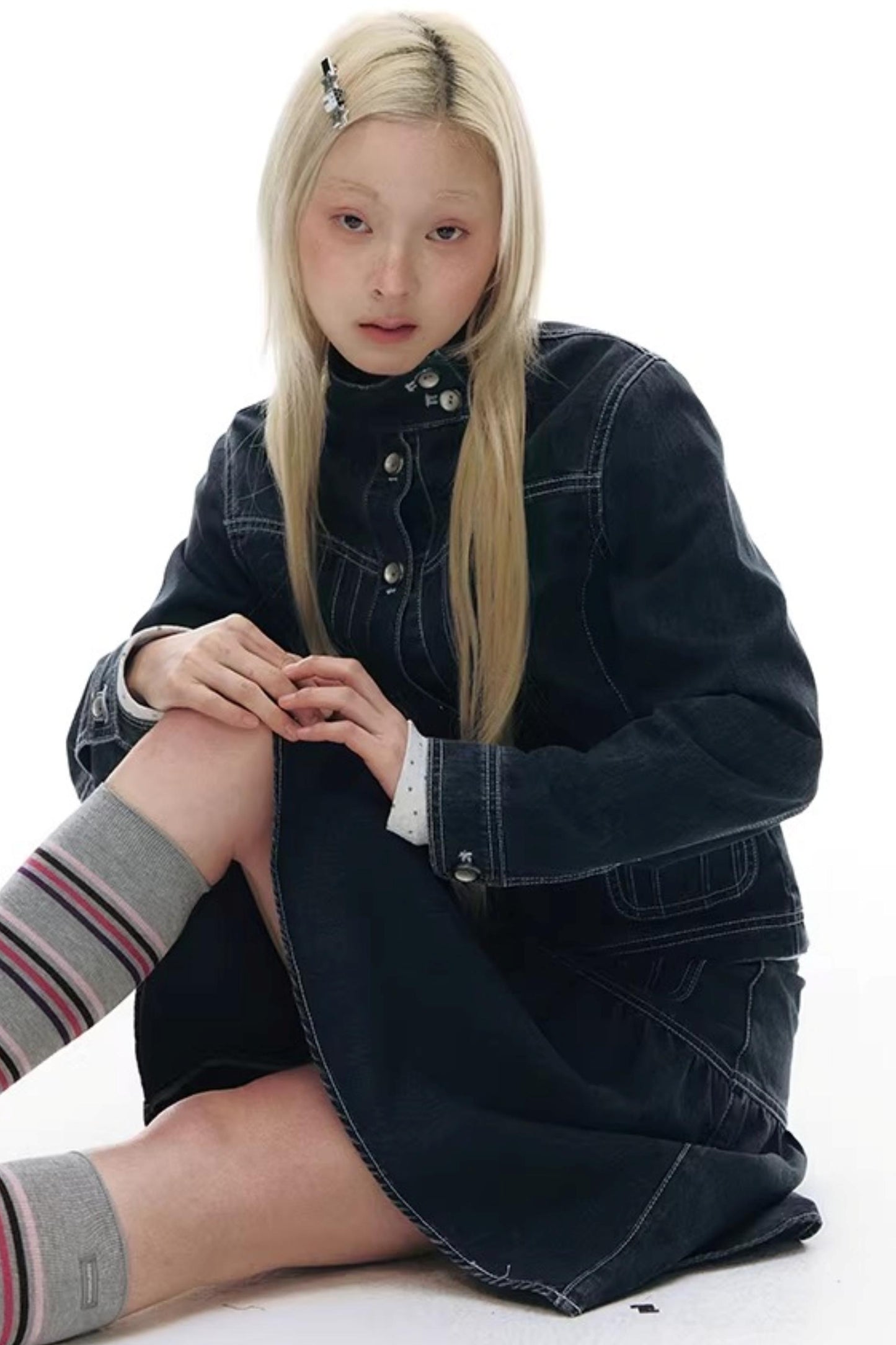 Pleated Split Denim Matching Set