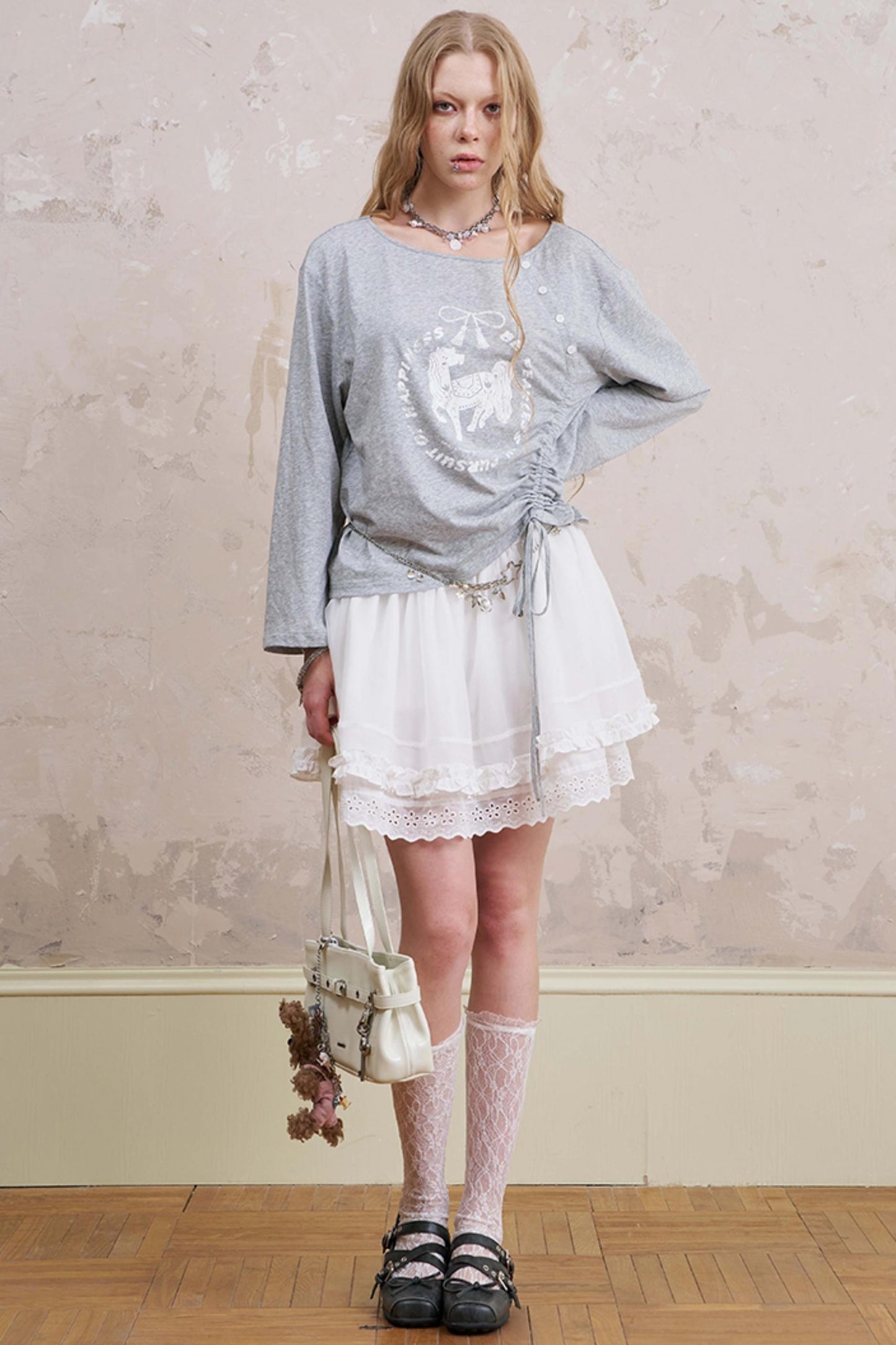 Slanted Monochrome Flower Ruffle T-Shirt