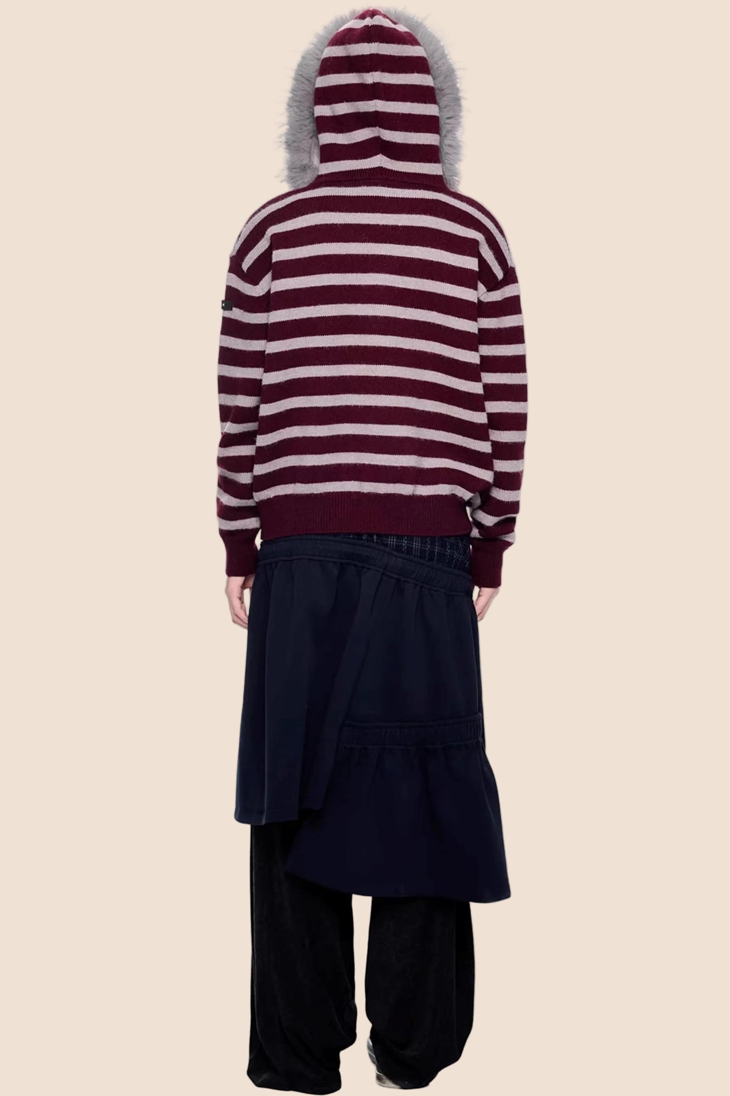 Fur Collar Striped Knit Cardigan