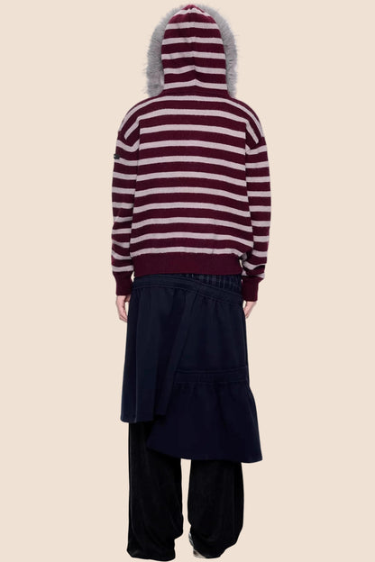 Fur Collar Striped Knit Cardigan