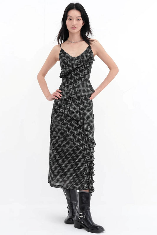 Black Plaid Mesh Halter Dress