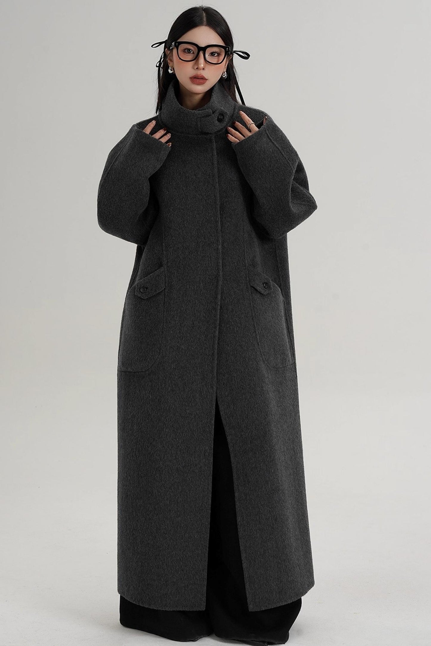 Stand-Up Collar Long Wool Coat