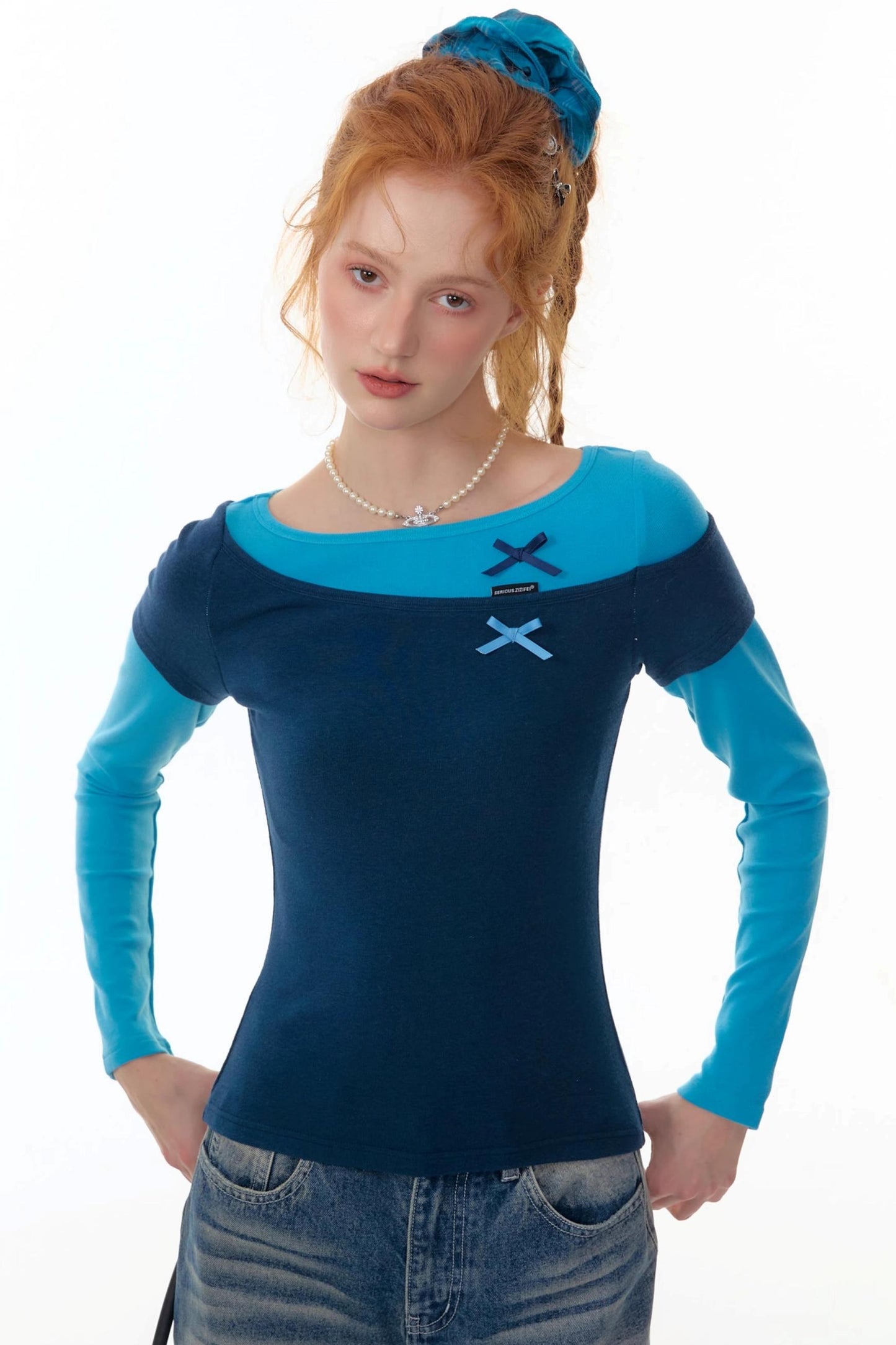 Retro Design Bow Top Long Sleeve T-Shirt