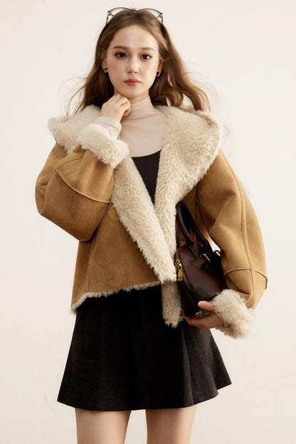 Short Suede Hooded Brown Jacket