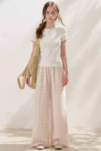 Linen Plaid Wide-Leg Pants