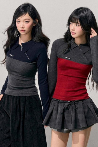 American Long-Sleeve Polo Collar Knit Top