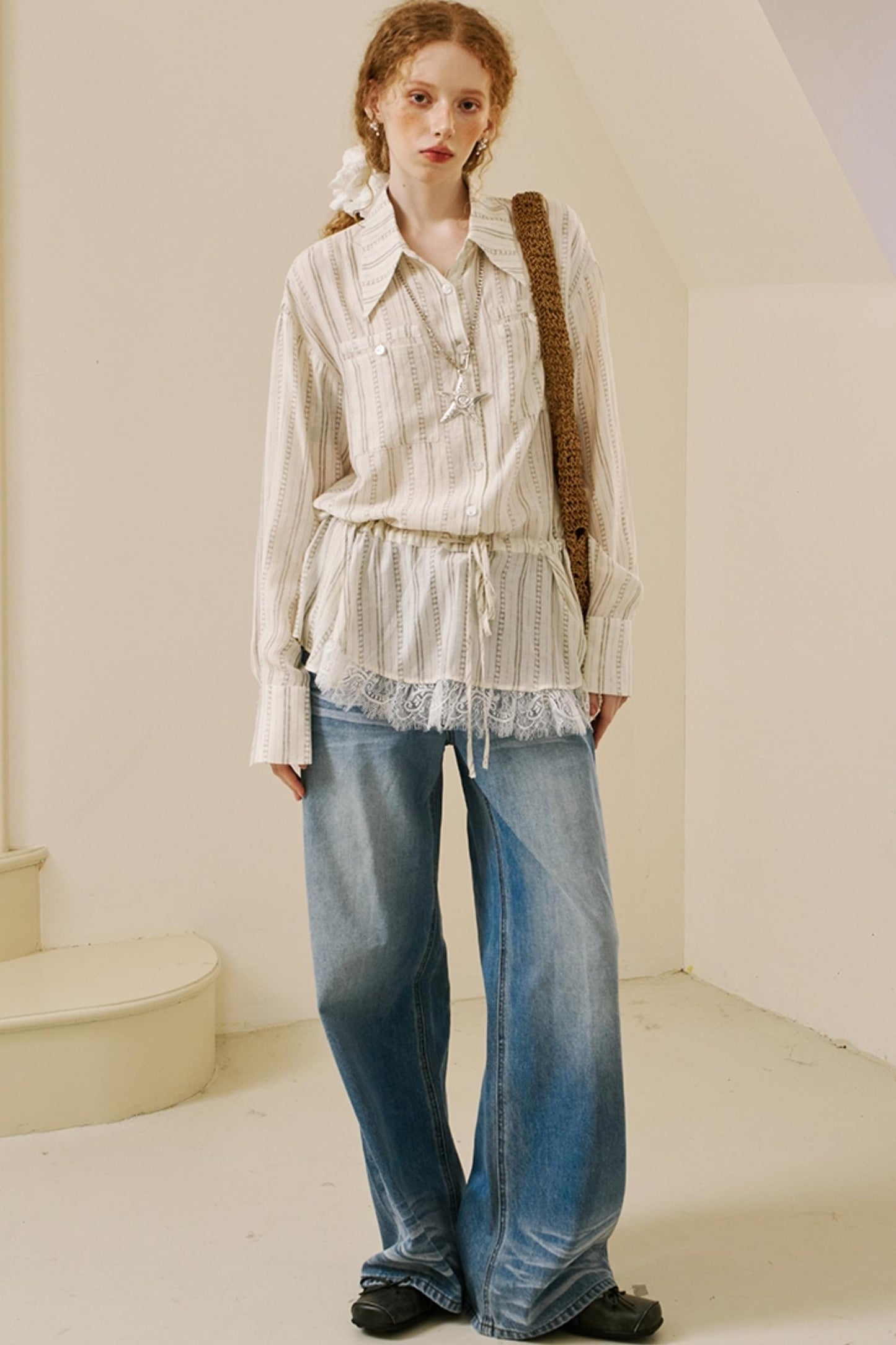 Vintage Lace-Trimmed Drawstring Shirt