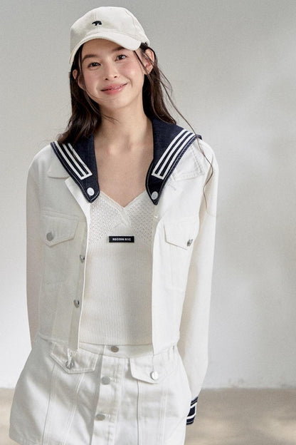 White Navy Short Denim Jacket Set-Up