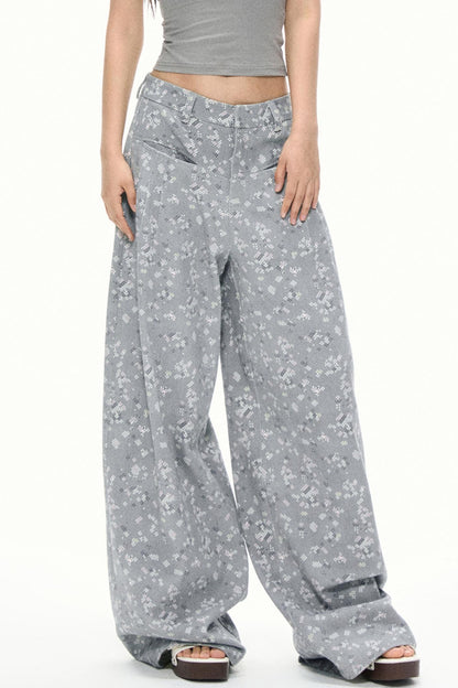 Gray Floral Wide-Leg Pants