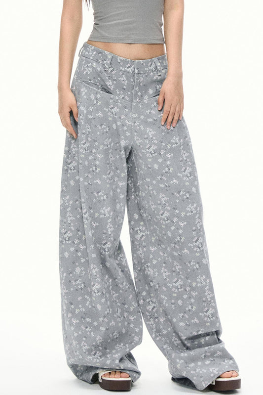 Gray Floral Wide-Leg Pants