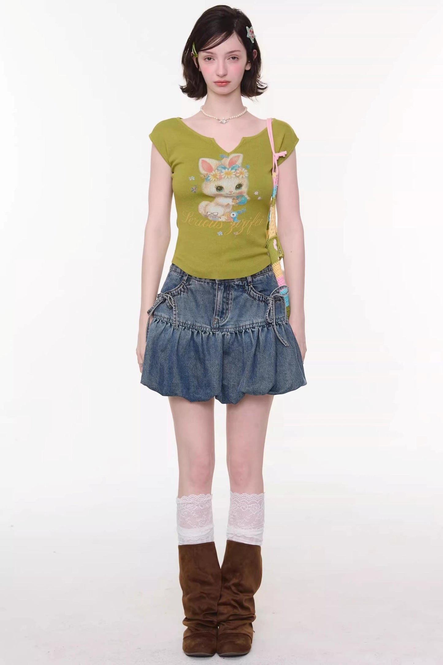 Sweet Bubble Bowknot Denim Skirt