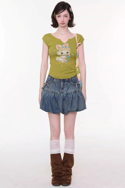 Sweet Bubble Bowknot Denim Skirt