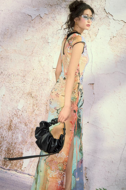 Shoulder-Sleeve Quicksand Print Stretch Cheongsam Dress