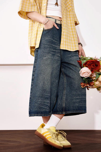 High-Waisted Whisker Denim Shorts