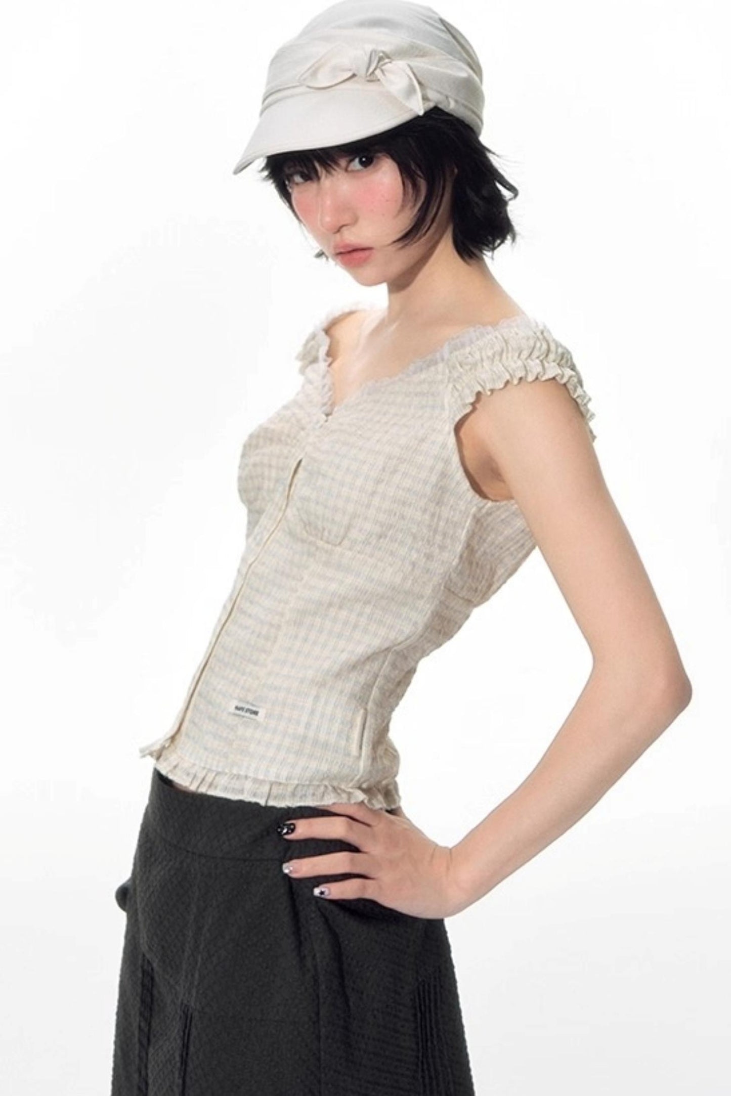 Checked Sleeveless One-Shoulder Shirt Set-Up