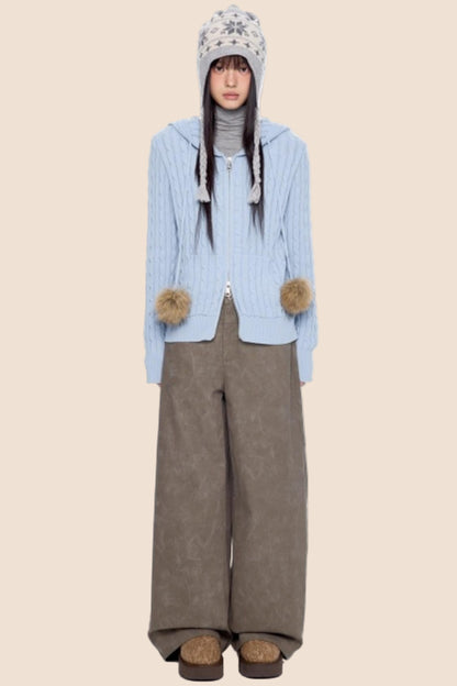 Furball Twisted Knit Hooded Cardigan