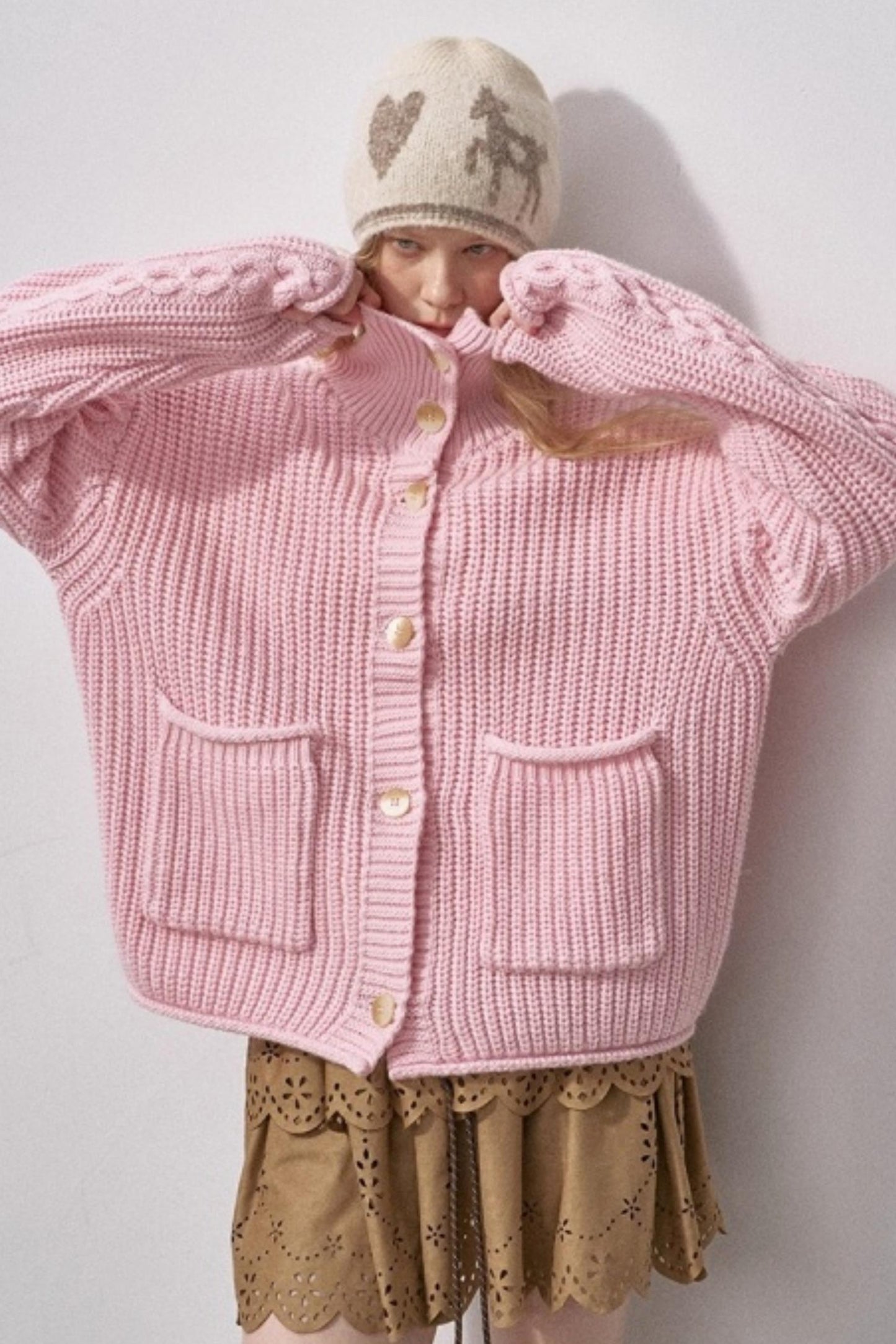 Thick Cable Knit Turtleneck Cardigan