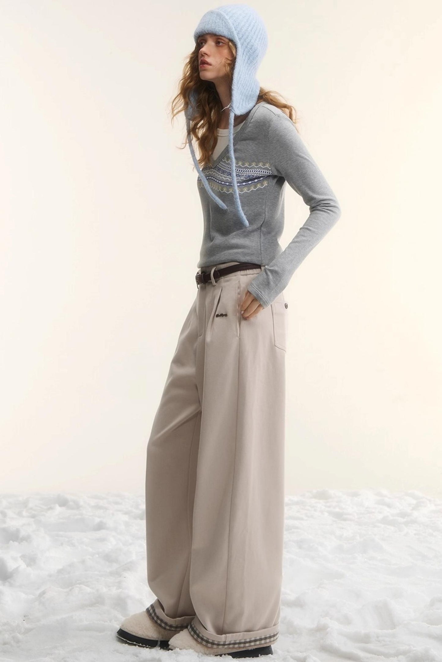 Plaid Fleece-Lined Wide-Leg Pants