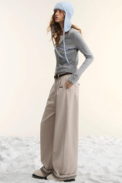 Plaid Fleece-Lined Wide-Leg Pants