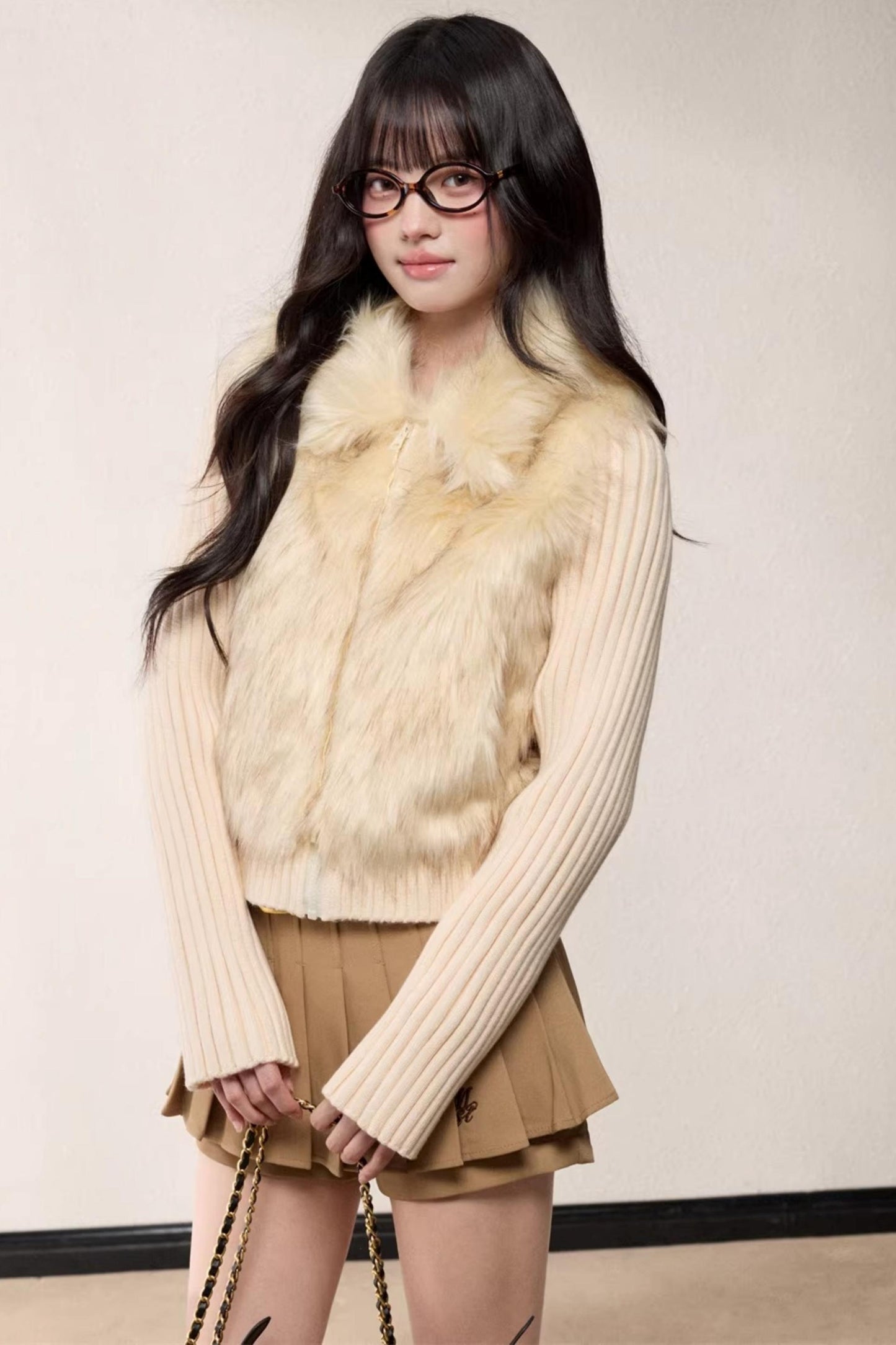 Lapel Patchwork Knitted Coat