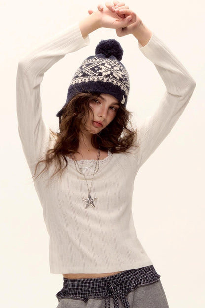 Lace-Trimmed Bow Hollow Knit Top