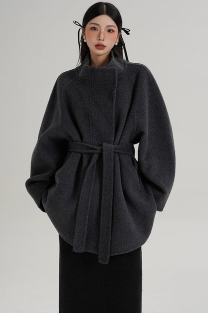 Elegant Woolen Lace-Up Coat