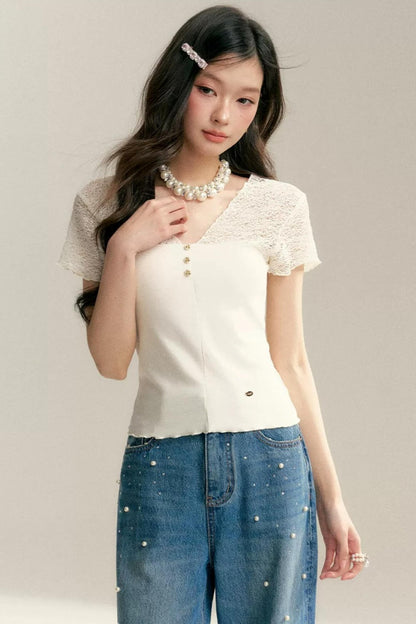 Lace-Panel V-Neck T-Shirt