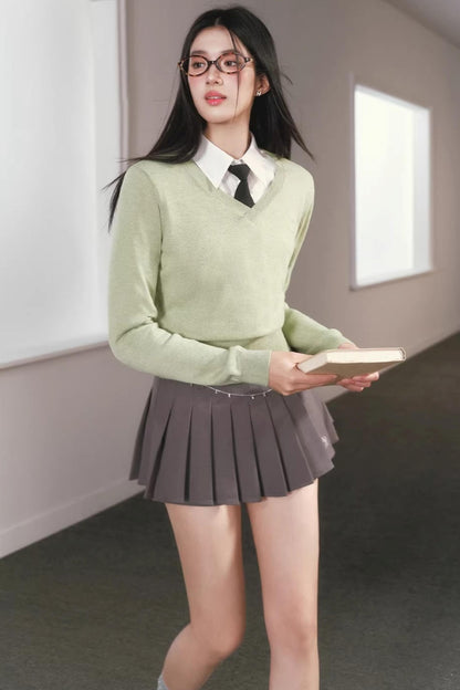 V-Neck Waist-Cinching Knit Sweater