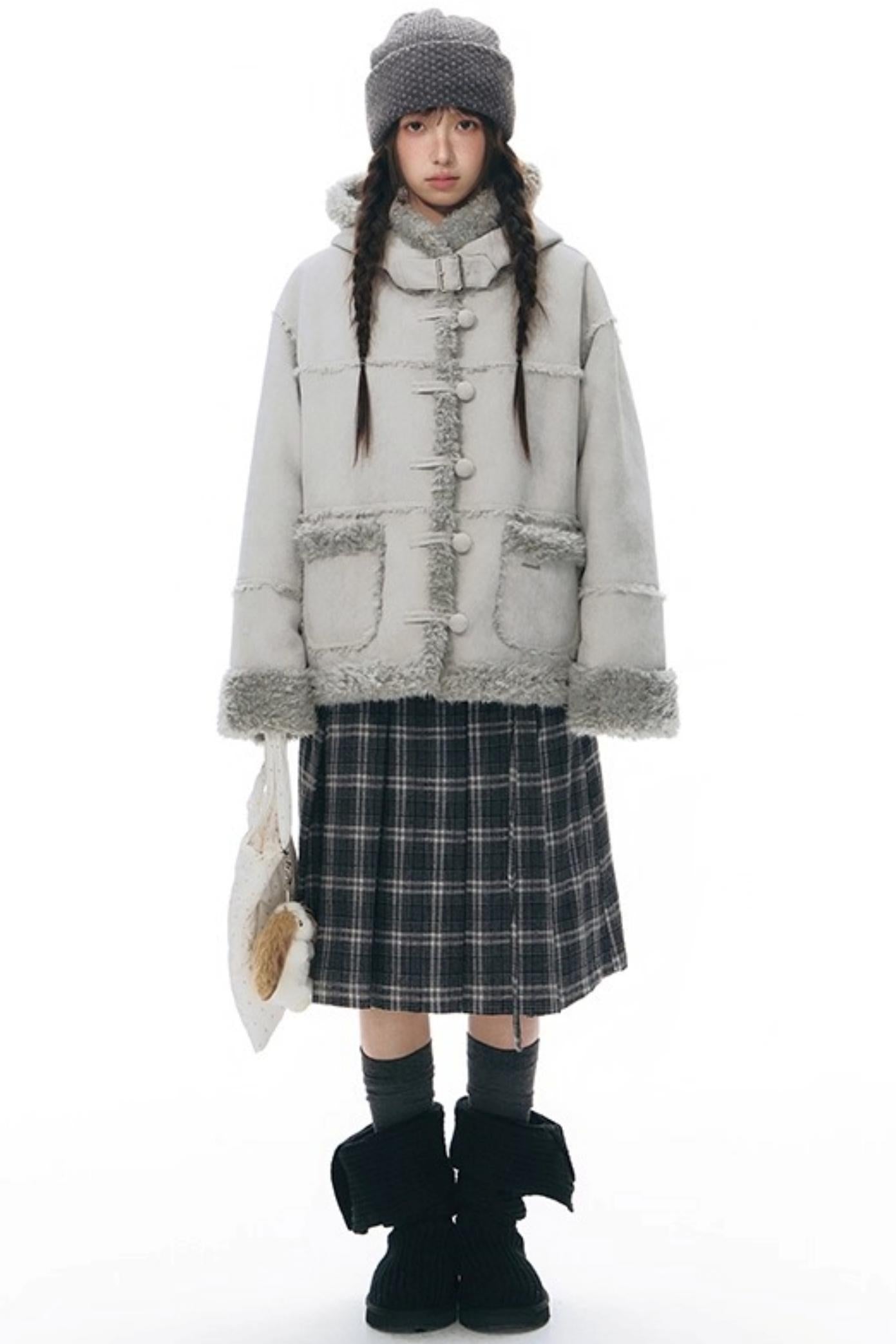 Double Waist Plaid Woolen Pleated Midskirt