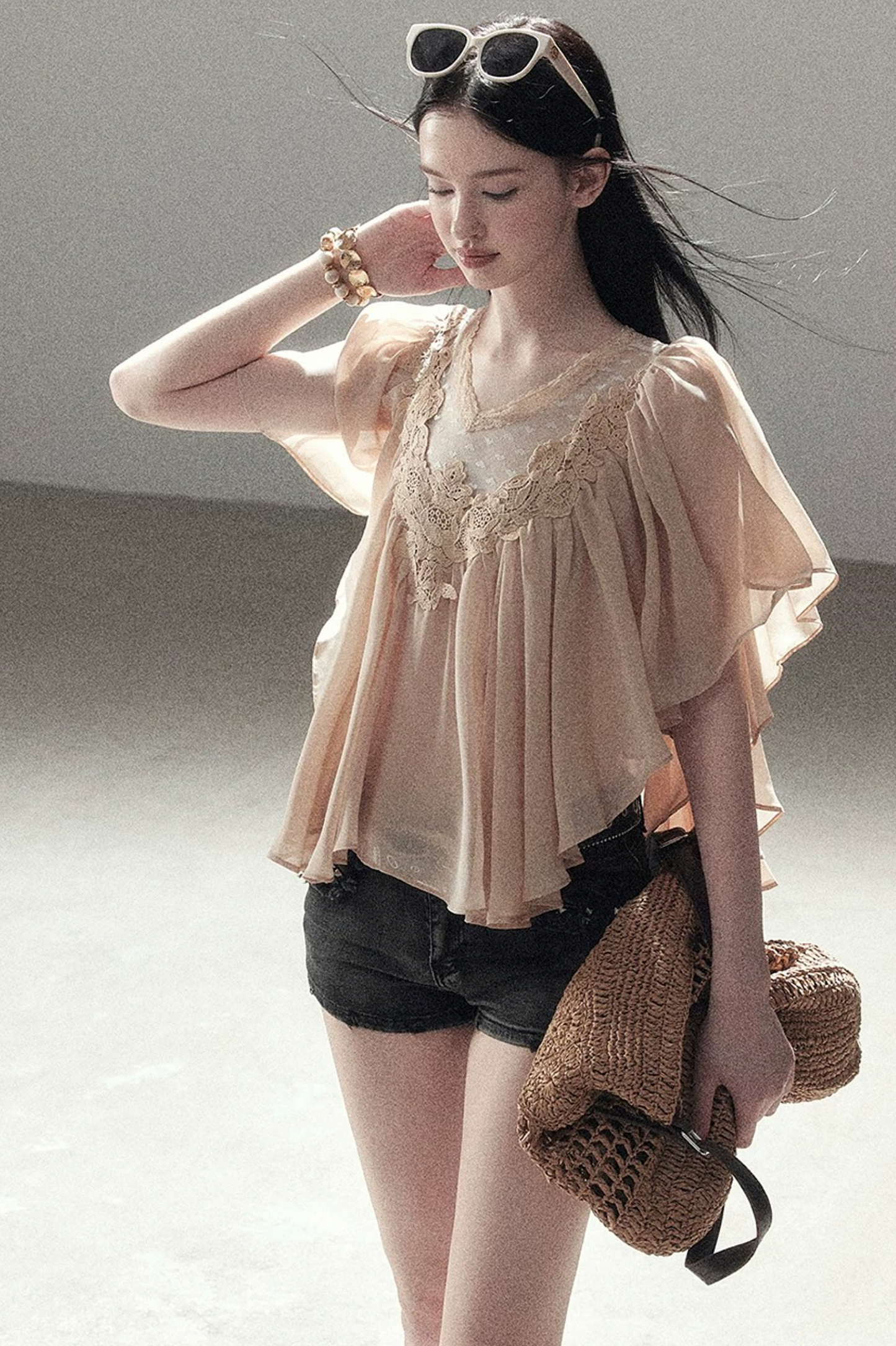 Lace Chiffon Ruffle Top