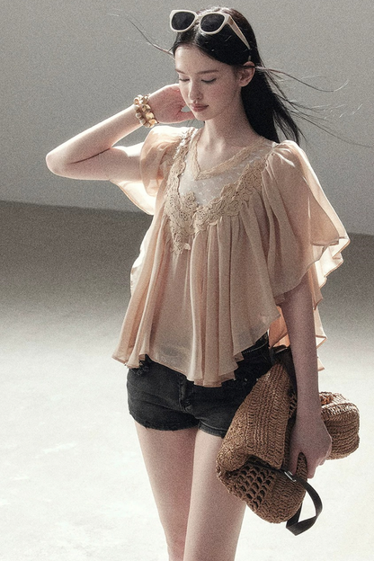 Lace Chiffon Ruffle Top