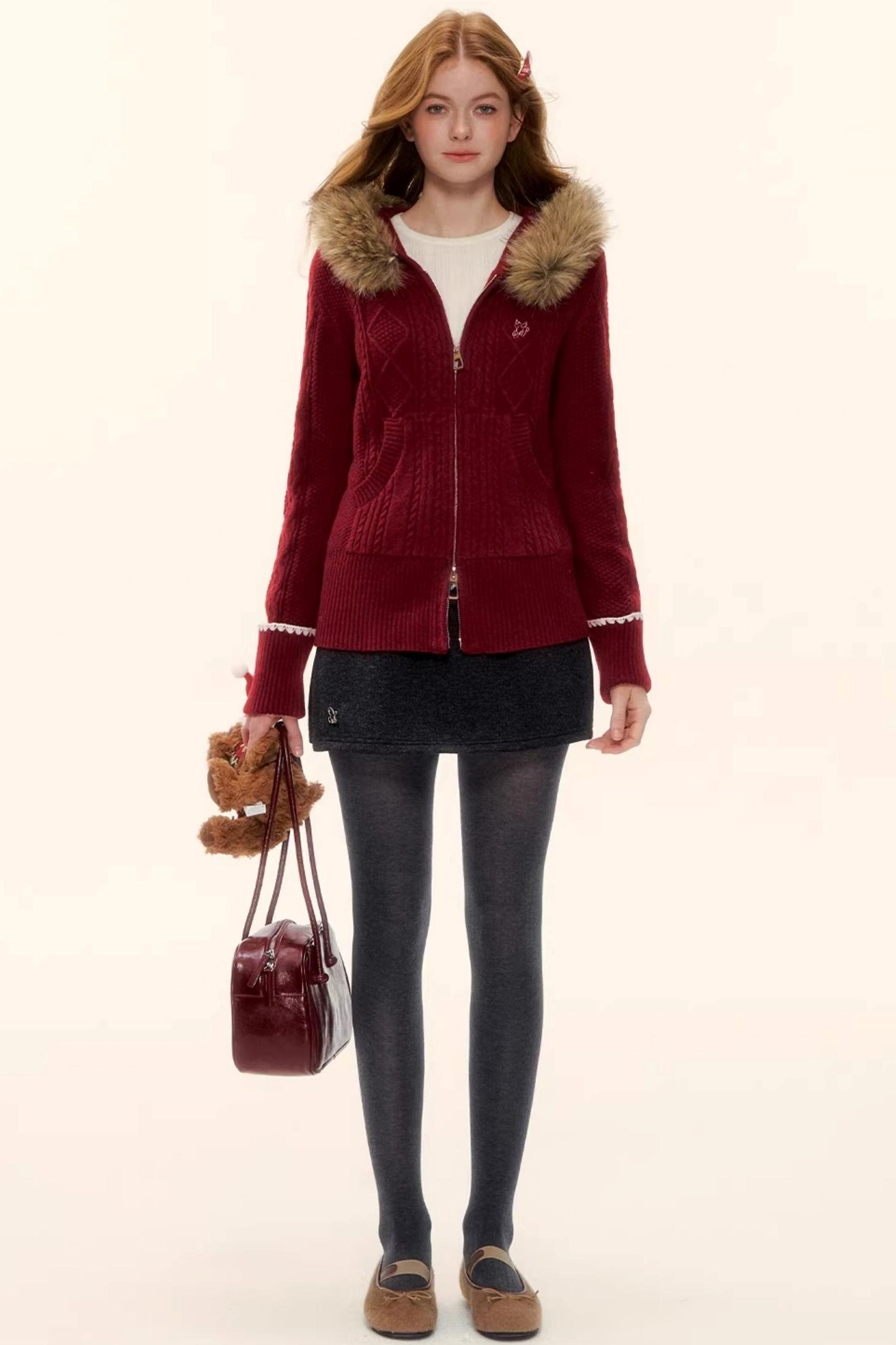 Red Hooded Knit Jacket Set-Up