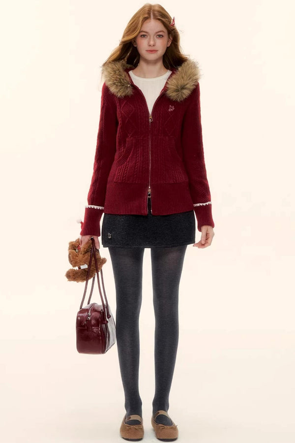Red Hooded Knit Jacket Set-Up