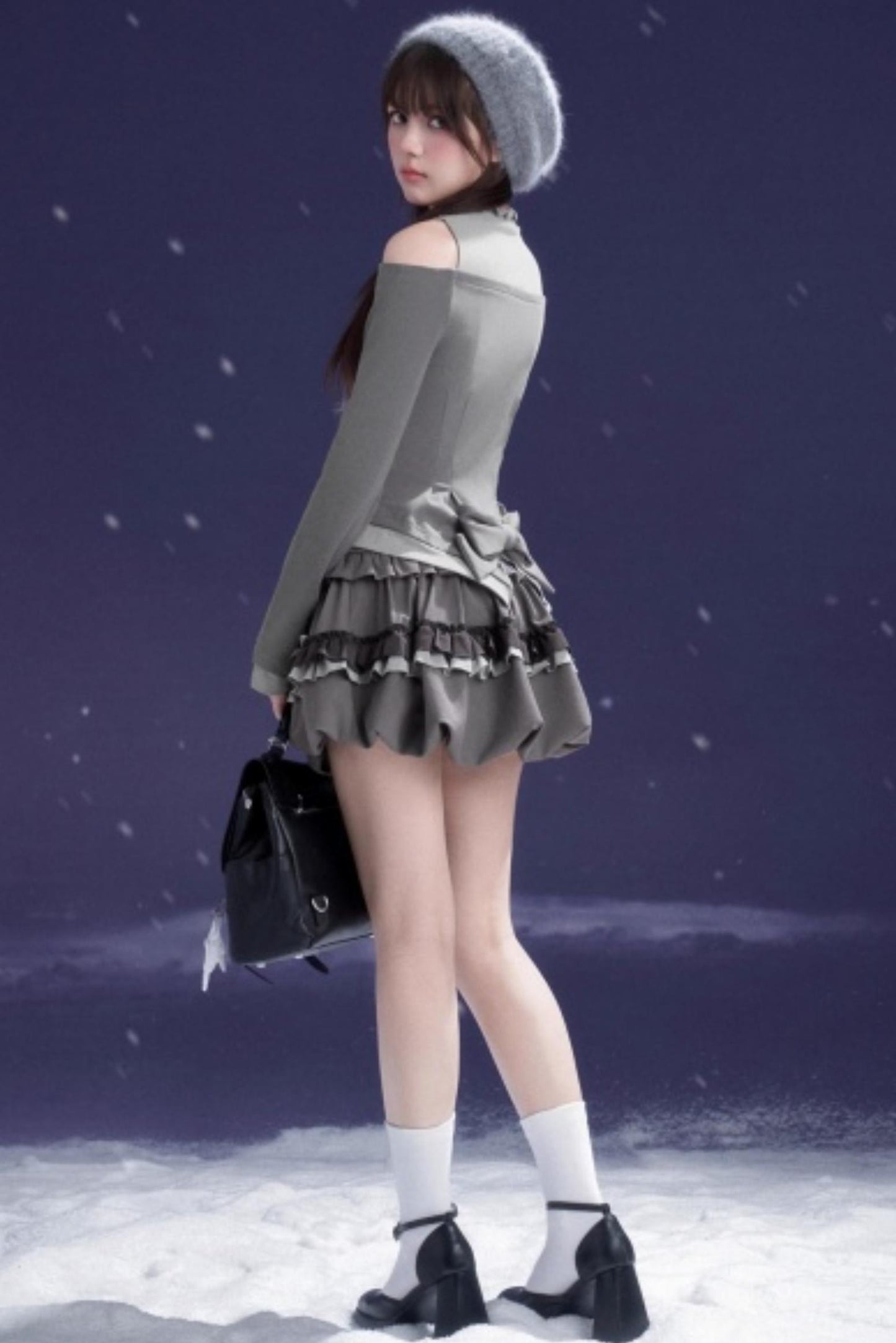 Gray-Purple Bowknot Off-Shoulder Top