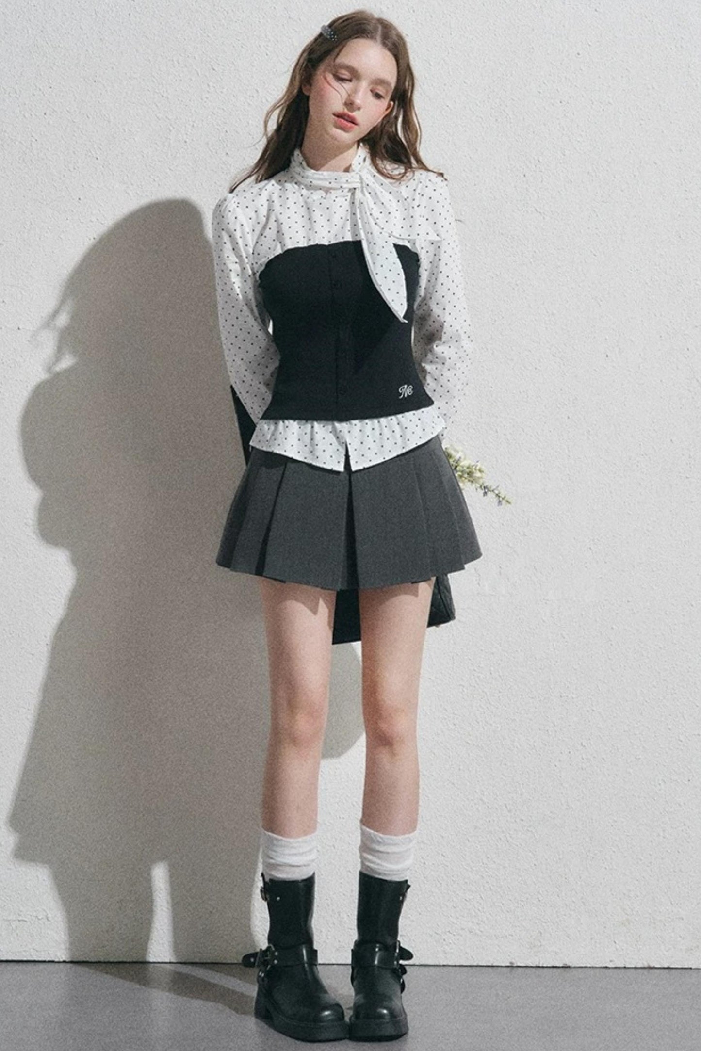 Bow Tie Spliced Shirt and Pleated Mini Skirt Set-Up