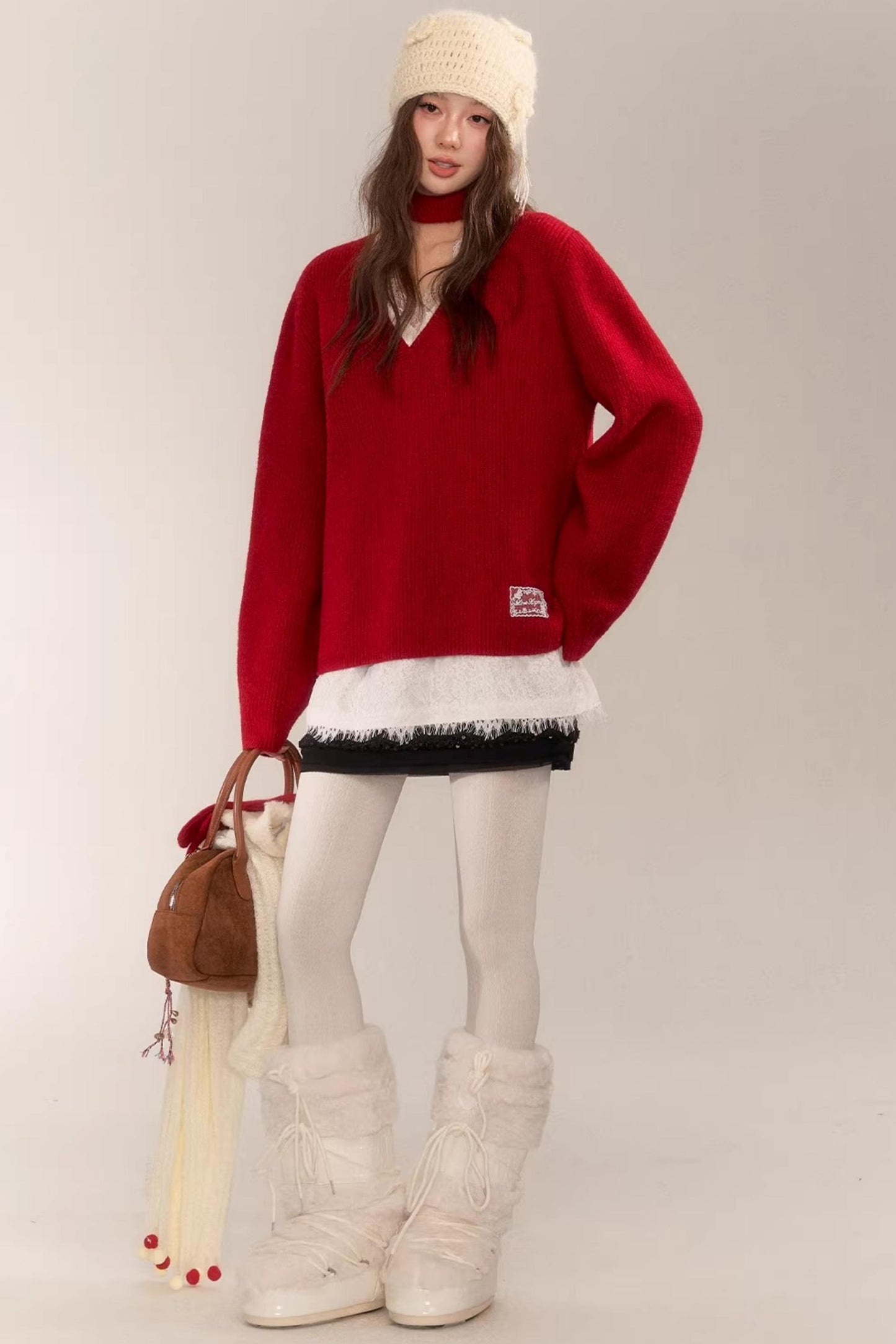 Asgony Red Retro Knit Sweater