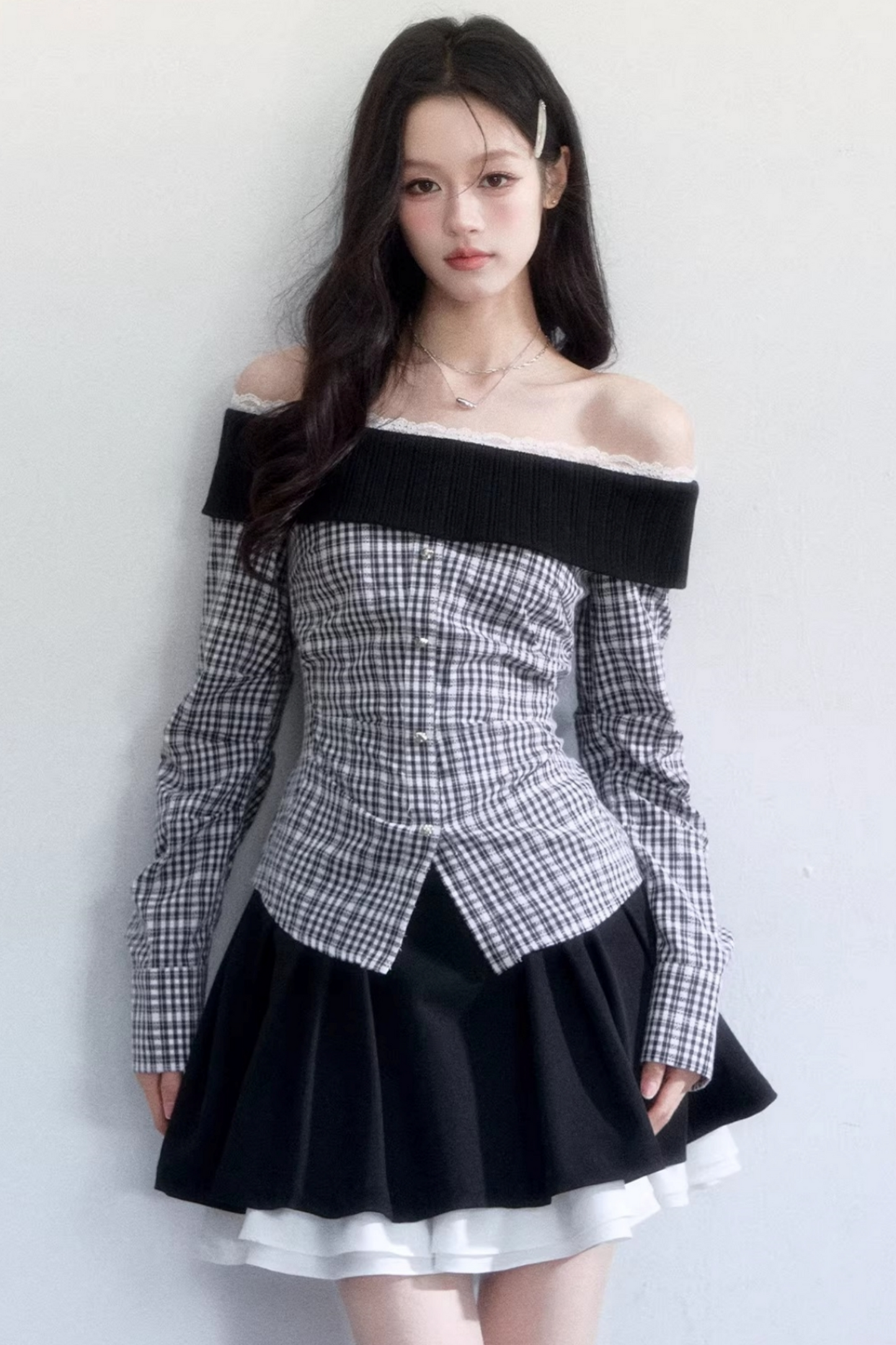 Plaid Off-Shoulder Blouse