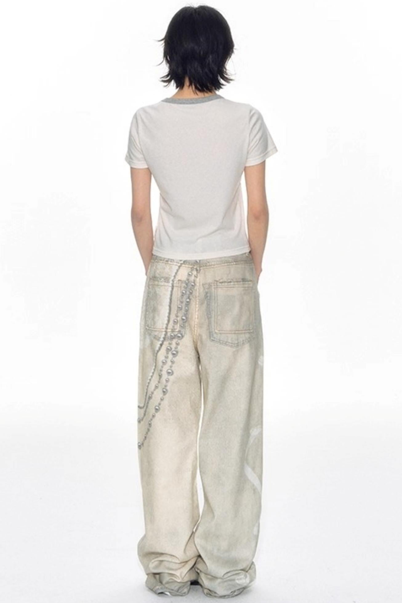 Hand-Painted 3D Printed Womens Wide-Leg Pants