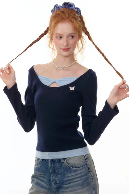 Fake Two Bow Long sleeve T-shirt