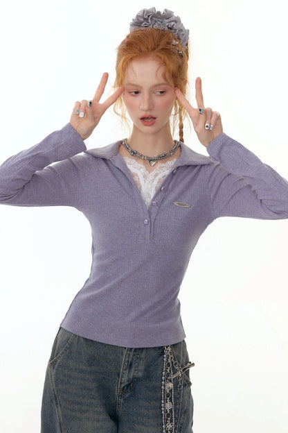 American Lace Polo Collar Knit Top