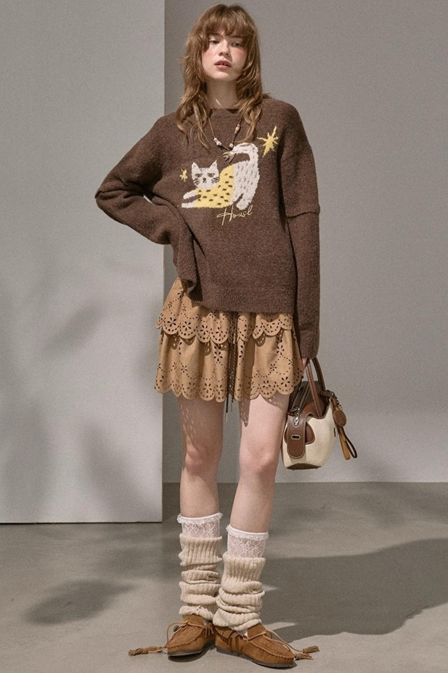 Cute Kitten Crew Neck Knit Sweater