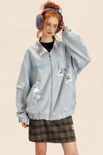 Retro Star Embroidery Suede Cardigan