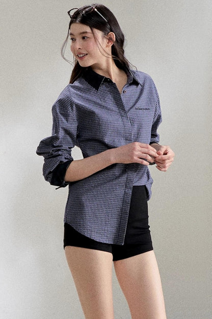Navy Blue PU Leather Plaid Shirt
