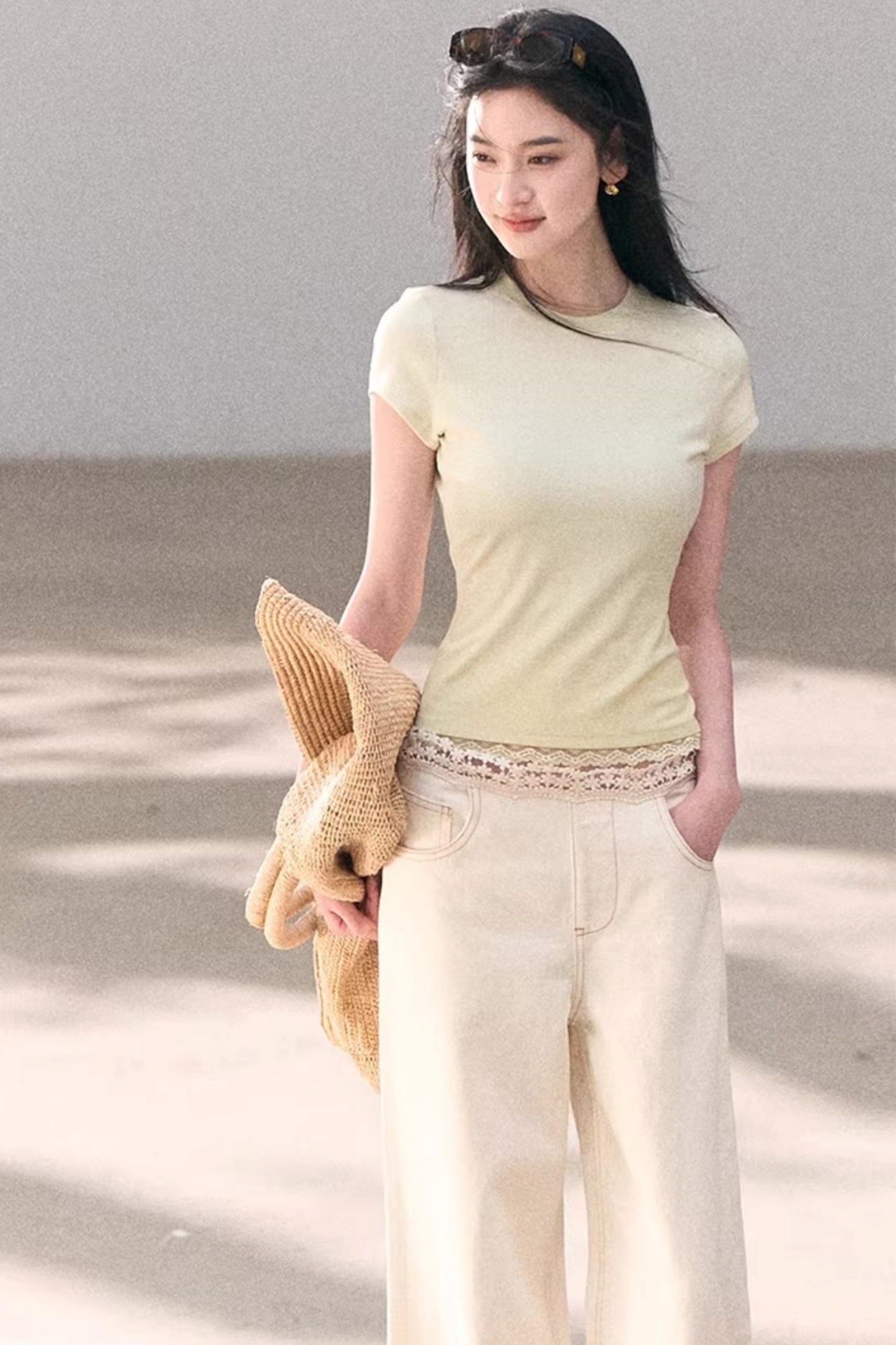 Washed Wide-Leg Lace Pants